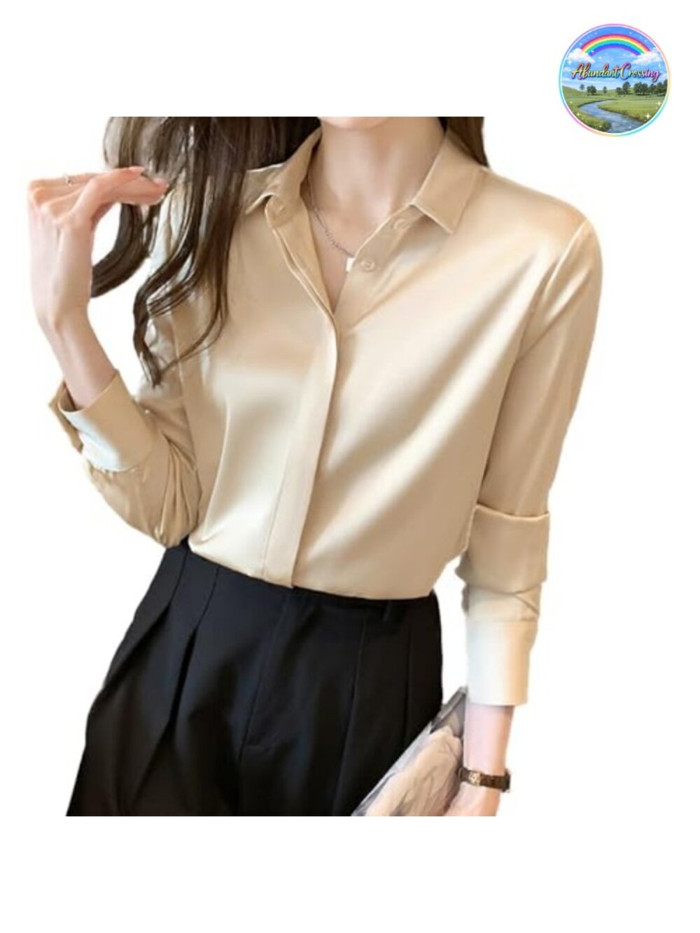 Women's Satin Button-Down Blouse Long Sleeve Lapel Work Top